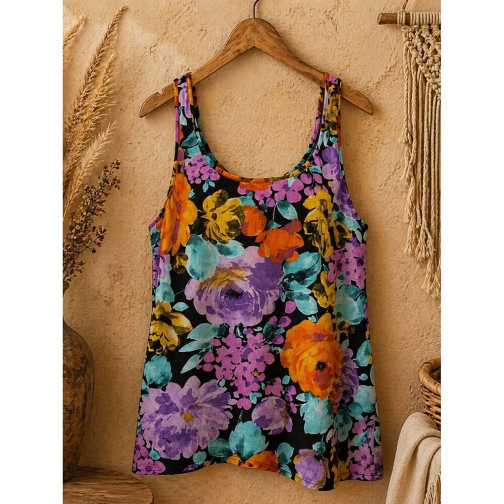 Ambiance Apparel Floral Pattern Racer Back Top Size Large